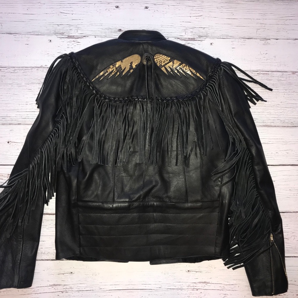 Park V Black Leather Fringe motorcycle Jacket